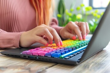 Female hands typing on a colorful rainbow keyboard laptop, showcasing vibrant technology and creative digital workspace, Generative AI