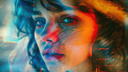 Closeup portrait of young beautiful woman with double exposure effects and glitch elements