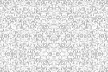 Embossed white background, cover design, banner. Geometric elegant original floral 3D pattern. Ethnic ornaments, arabesques, handmade. Boho style of the East, Asia, India, Mexico, Aztec, Peru.