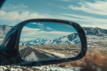 Fototapeta premium View of mountains in side mirror of car on roadtrip