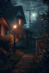 Eerie night scene of a dimly lit house with a glowing streetlamp. Fog and moonlight create a mysterious atmosphere.