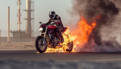 Photo of a motorcyclist in full gear on a bike that appears to be on fire at a racing track with smoke billowing