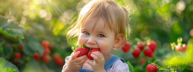  A young girl savoring a strawberry in a lush strawberry field under the sun's radiance