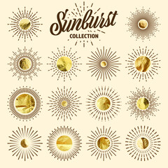 Vintage sunburst, sunset beams. Gold foil, shiny handmade circles. Golden glittering texture, pattern. Hand drawn bursting sun, light rays. Logotype or lettering, retro style. Vector illustration
