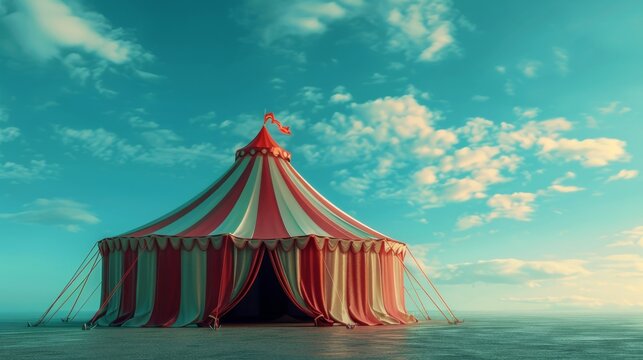 A red and white striped circus tent stands on a beach under a blue sky