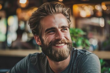 Obraz premium A bearded man's laughter is captured in a casual, relaxed moment, expressing joviality and authenticity