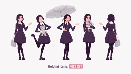 Fototapeta premium All black outfit pale girl, goth long sleeved dress holding items pose, wearing Mary Jane shoes, two long pigtail braids, dark beauty charm costume, cool monochrome uniform look. Vector illustration