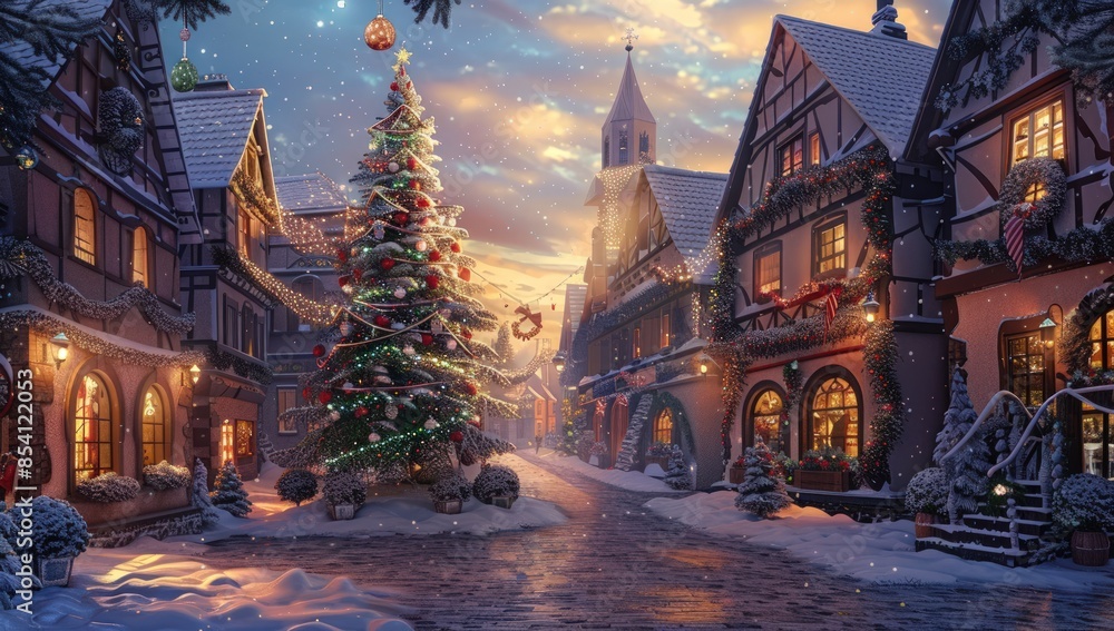 Poster a christmas scene with a large tree in the center of a snowy town square. generate ai image
