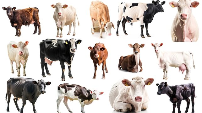 Assorted cows in different poses isolated on white - detailed cattle collection