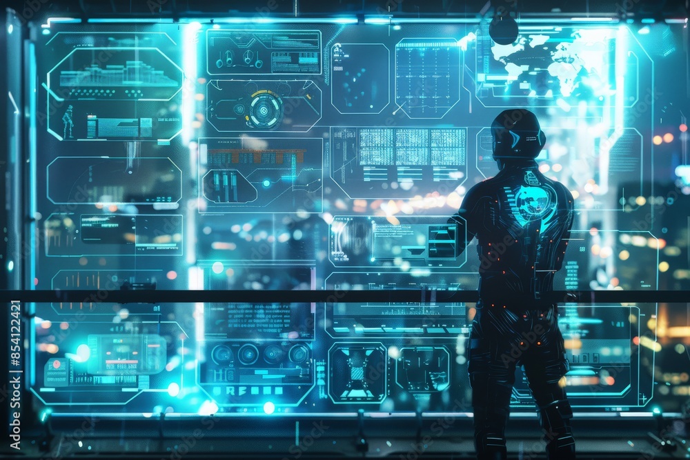 Leinwandbilder an image of a cybernetic figure in front of a futuristic holographic display, conveying advanced tec