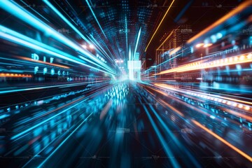Fototapeta premium A vibrant image showing a cityscape with a light speed motion blur effect, symbolizing fast-paced urban life