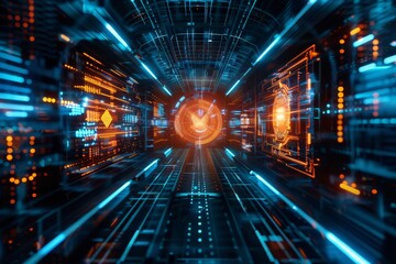 A digital representation of a tunnel with a circular futuristic interface, suggesting cyber connectivity and data flow