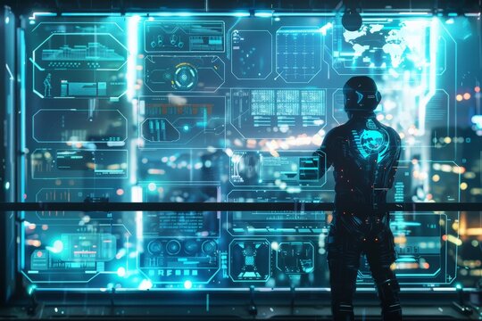 An image of a cybernetic figure in front of a futuristic holographic display, conveying advanced technology and AI