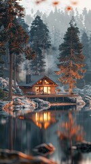 Obraz premium Cozy wooden cabin with warm lights and stunning lake reflection surrounded by misty forest hills in tranquil autumn atmosphere.
