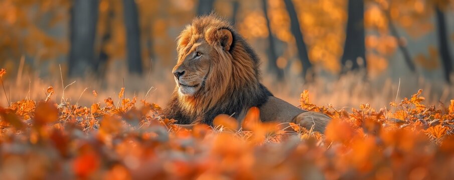 A lion lounges imperiously, his mane aglow with the warm hues of autumn foliage in the background
