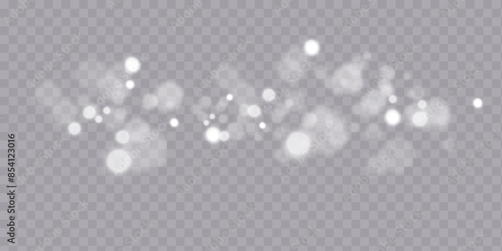 Poster light effect with lots of glittery glare particles shining on a transparent background.