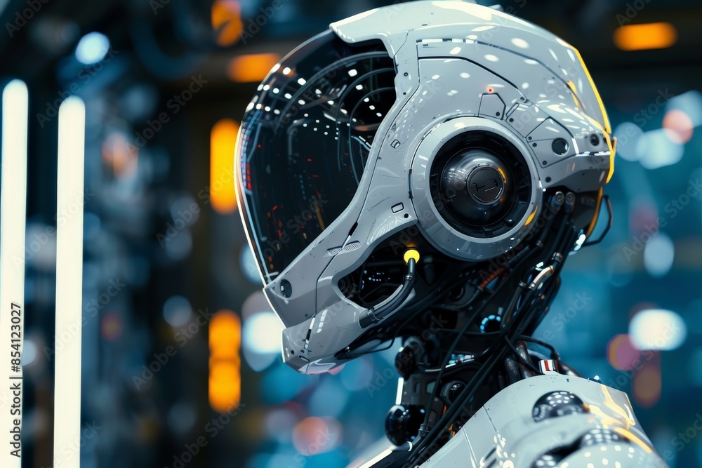 Aufkleber close-up shot of a sophisticated robotic head, focusing on its intricate design and hinting at advan