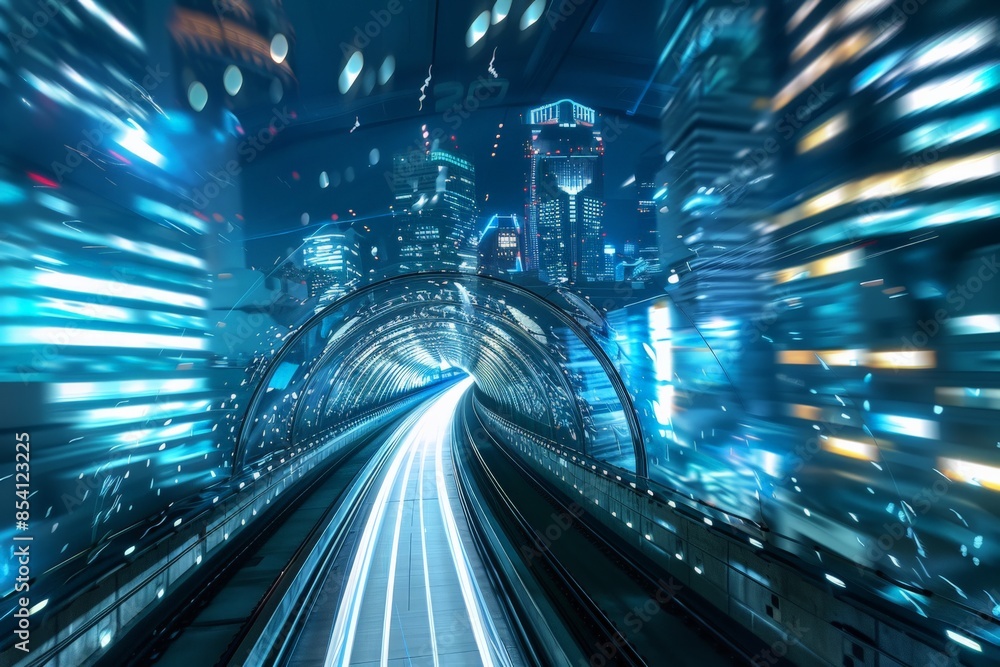 Poster a high-speed train whizzes through a dynamic, futuristic tunnel, signifying speed and modern transpo