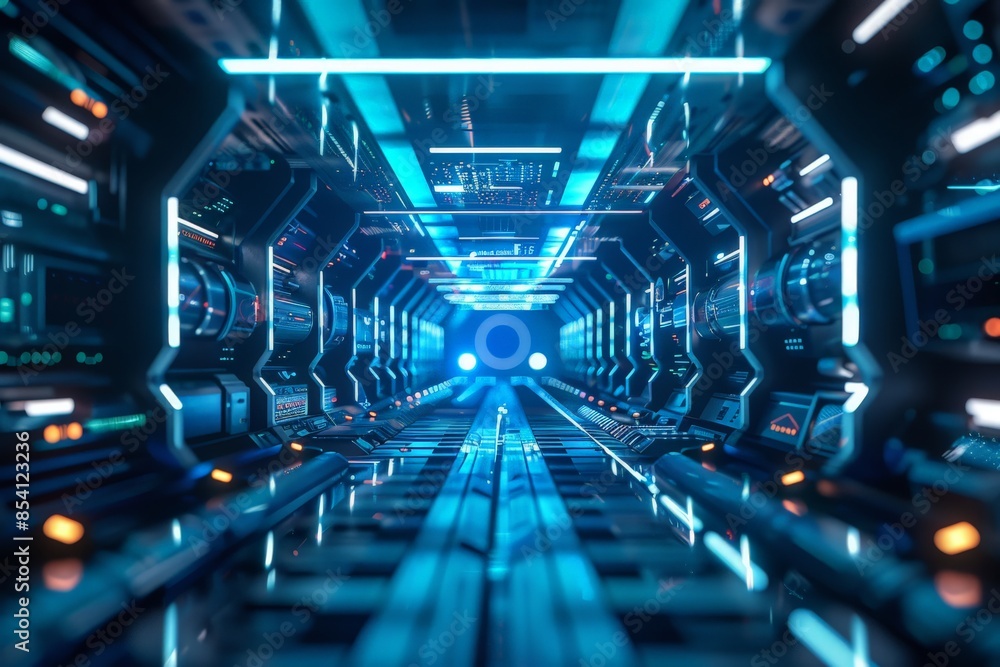 Poster a high-tech corridor with glowing neon tubes evoking a sci-fi spaceship or laboratory
