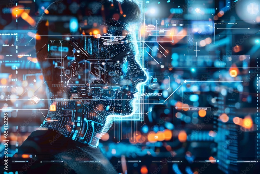Aufkleber digitally enhanced portrait of a person with cybernetic elements and hud interface