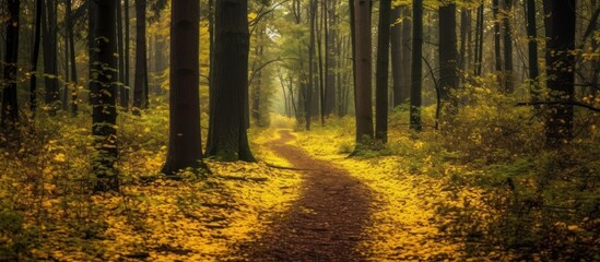 Obraz premium Autumnal Path Through a Misty Forest