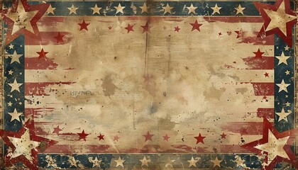 A nostalgic 4th of July banner of vintage American flag, aged paper edges with distressed textures, stars, stripes, and patriotic motifs. American flag background.
