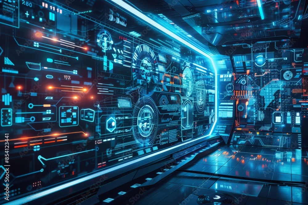 Aufkleber a high-tech control room with futuristic holographic user interfaces, glowing with data