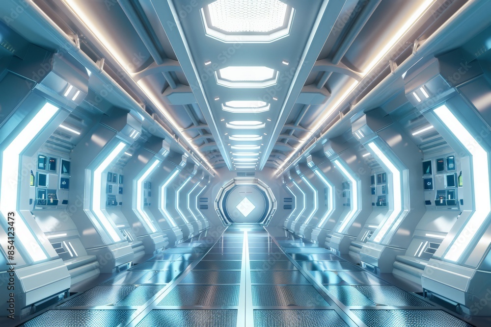 Aufkleber a bright white futuristic corridor with hexagonal shapes and a clean minimalist aesthetic, exuding a