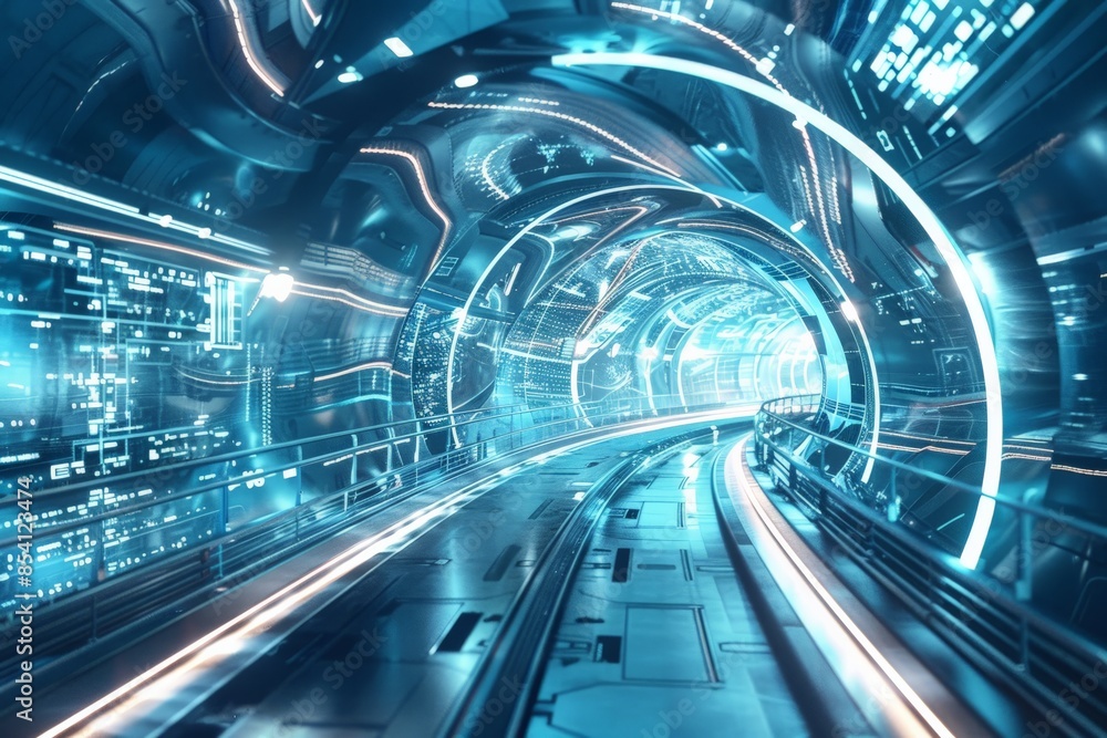 Aufkleber the image shows an empty, glowing blue tunnel with sleek, modern design suggesting an advanced techn