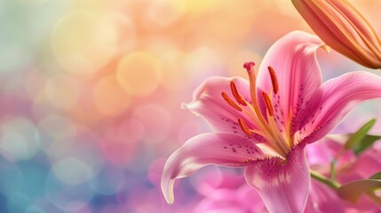 Fototapeta premium Close up of pink lily flower on colorful backdrop with room for text