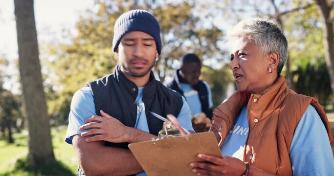 Clipboard, volunteer and woman for park clean up, teamwork and checklist for organise. NGO, climate change or community for charity and pollution, nature or planning for conversation with help worker