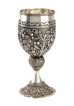 Vintage silver goblet for Passover kiddush decorated with a floral and fruit design, Jewish wine glass, isolated on transparent background