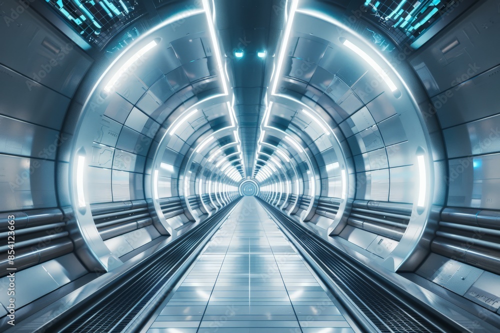 Aufkleber a sci-fi-inspired image depicting a futuristic circular tunnel brightly illuminated with blue lighti