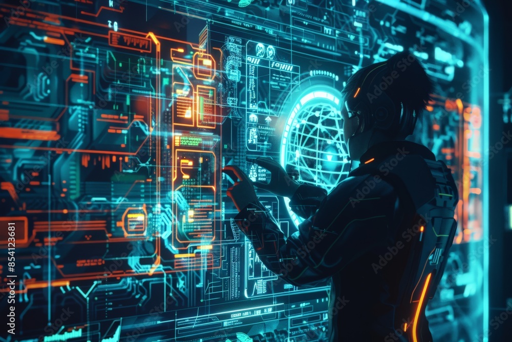 Poster A cyberpunk scene of a person wearing a headset and interacting with a futuristic augmented reality interface