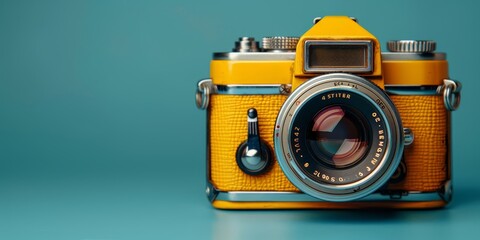 Fototapeta premium Close-up of a vintage yellow camera, capturing the essence of classic photography and retro style with its detailed lens and design, Generative AI