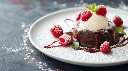 Rich Chocolate Lava Cake Dessert on White Porcelain Plate Generative AI