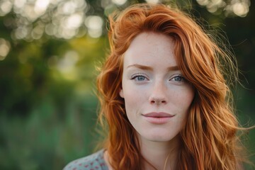 Naklejka premium Close-up of a young redhead woman smiling softly with bokeh of lush greenery in the background enhancing her look