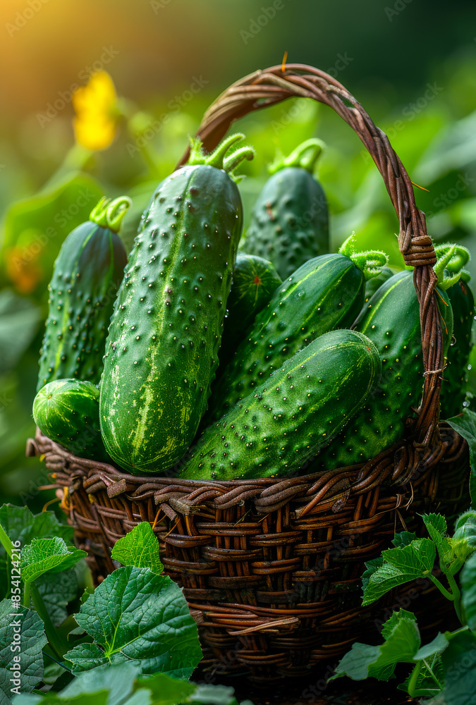 Poster a basket full of cucumbers is sitting on the ground. the cucumbers are green and have a bumpy textur