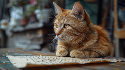 [Pet Letter], a curious cat, sniffing or looking at the letter