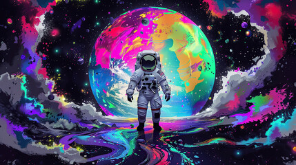 Astronaut in colorful space