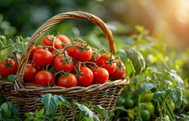 A basket full of ripe red tomatoes. The basket is placed on the ground in a garden. The tomatoes are ripe and ready to be picked
