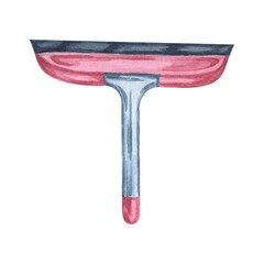 Pink plastic window squeegee for cleaning of windows and glass surfaces with rubber blade. Household utensil watercolor illustration. Clipart for housekeeping, janitorial services, sticker, flyer