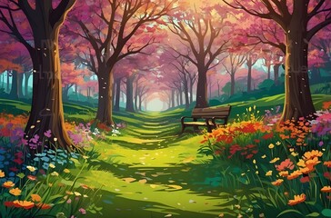 A path through a magic meadow with trees in full bloom, forming a natural archway of colorful flower vector art illustration image.

