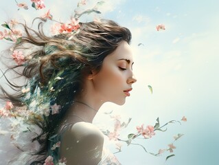 Fototapeta premium Attractive brunette woman in profile symbolizing the spring season against a background of blooming sakura flowers