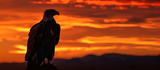Silhouette of an eagle in the mountains with a sunrise background. generative AI image