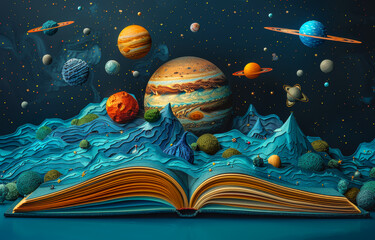 Naklejka premium A book is open to a page with a blue sky and planets