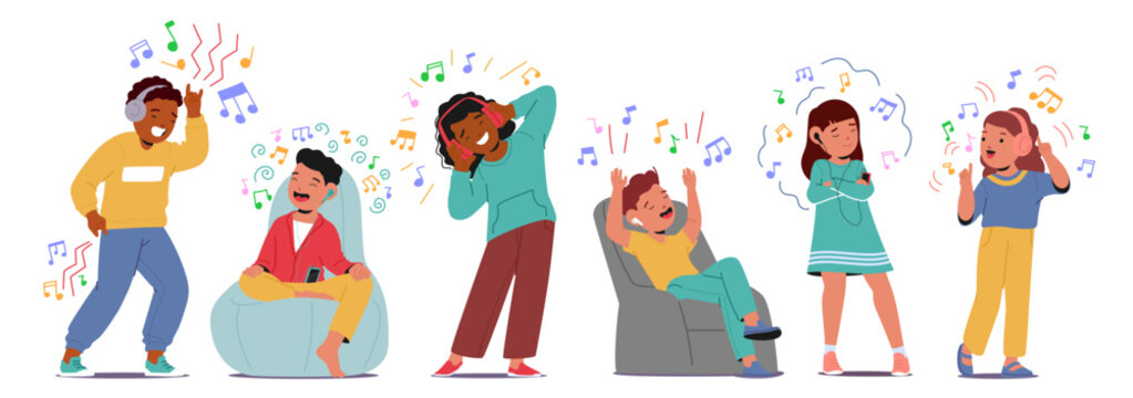 Group Of Happy Kids Enjoying Music Through Headphones And Singing Along. Kids Expressing Joy And Enthusiasm