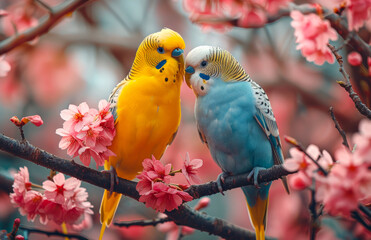Two parakeets are perched on a branch of pink flowers