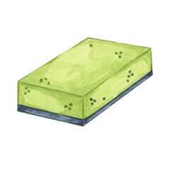 Green sponge with grey scouring pad in watercolor. Washing sponge for Scrubbing dishes, countertops and other surfaces. Clipart for housekeeping, janitorial services, sticker, packaging, flyer