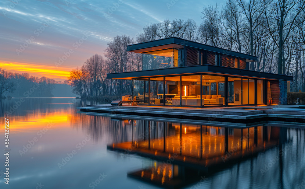 Poster a large house with a pool and a lake in the background